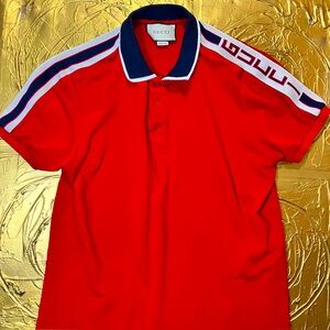 GUCCI Men’s 2018 Web Accent LOGO Short Sleeve Polo Shirt in Red Size XXL